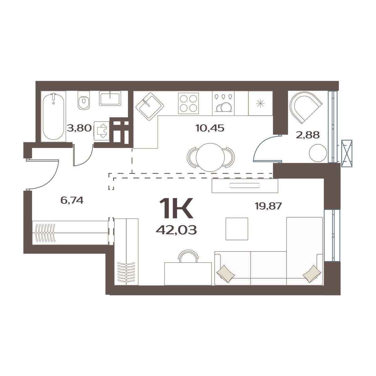 ЖК Меридианы Улисса, 1-комн кв 42,03 м2, за 6 290 000 ₽, 11 этаж